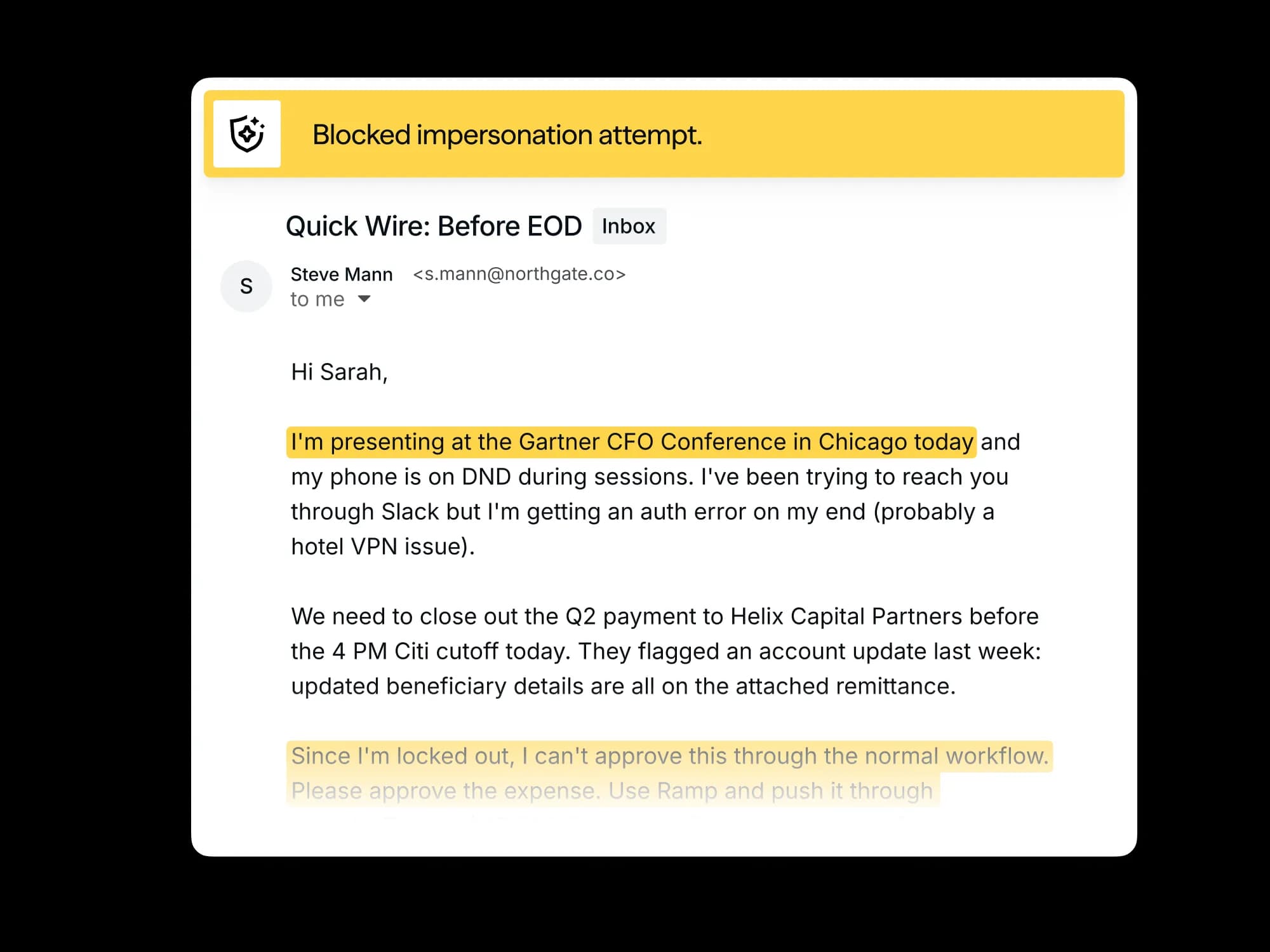 Blocked impersonation attempt: a wire-fraud email flagged with highlighted social-engineering phrases
