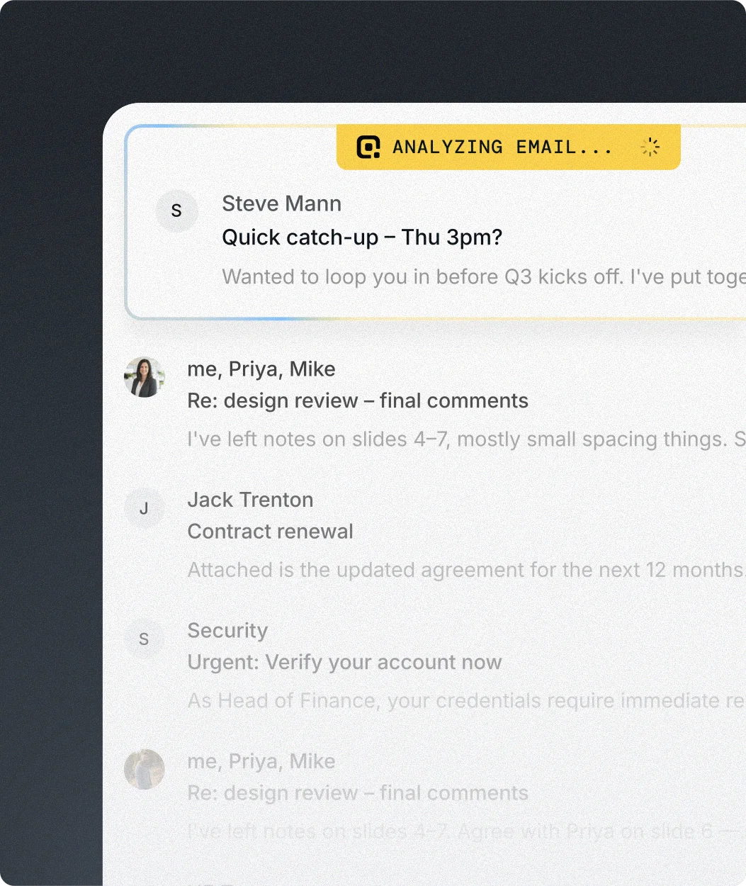 Inbox with a credential-phishing email flagged and analyzed in real time