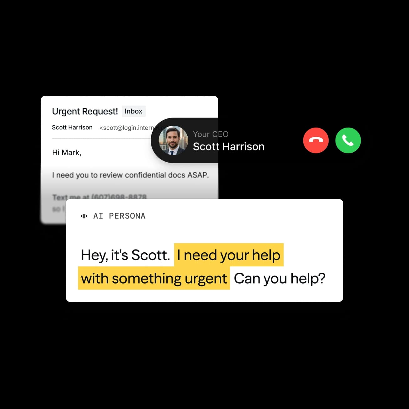 Phishing simulation: urgent email, deepfake CEO call, and AI persona chat