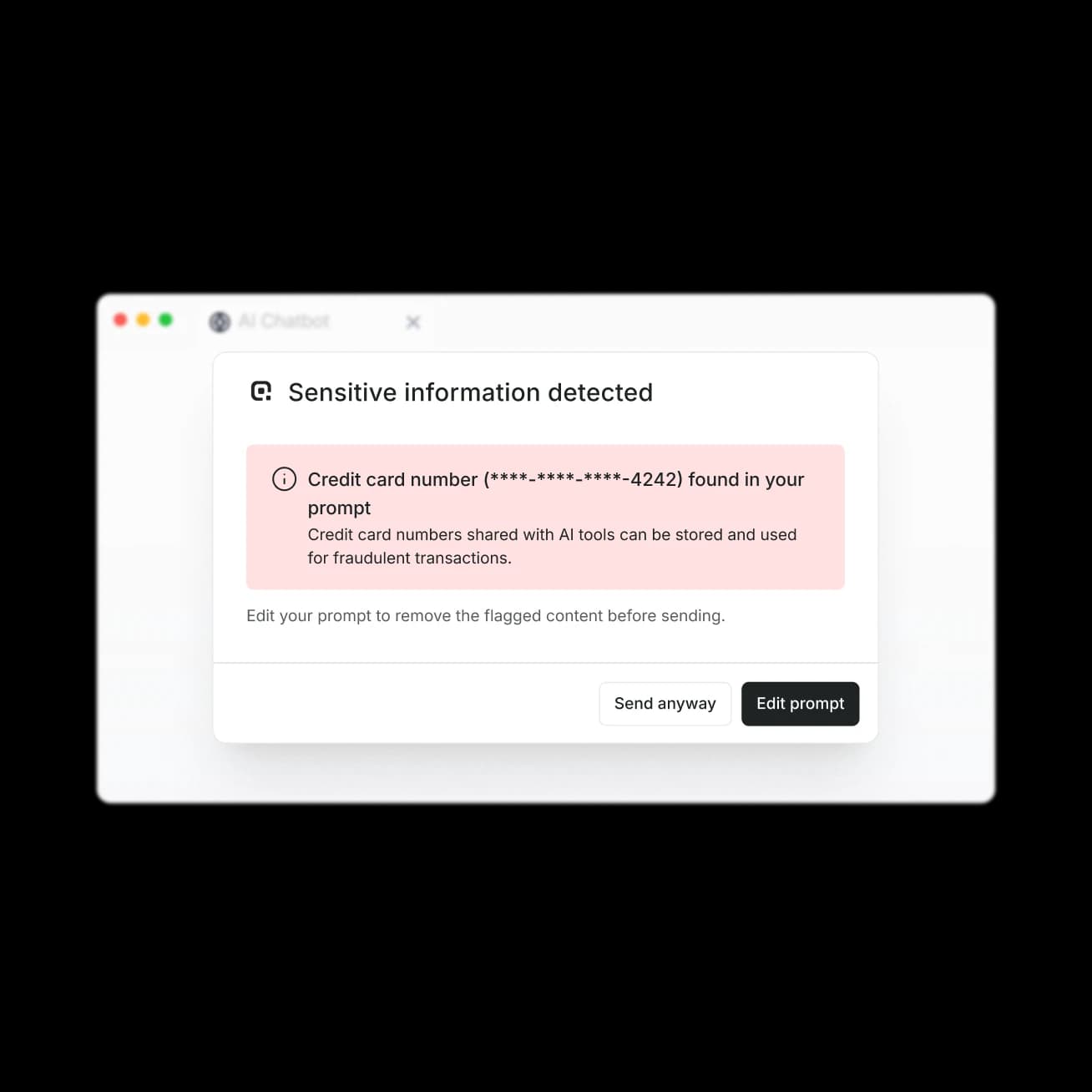 In-browser coaching modal explaining a credit card number detected in a prompt