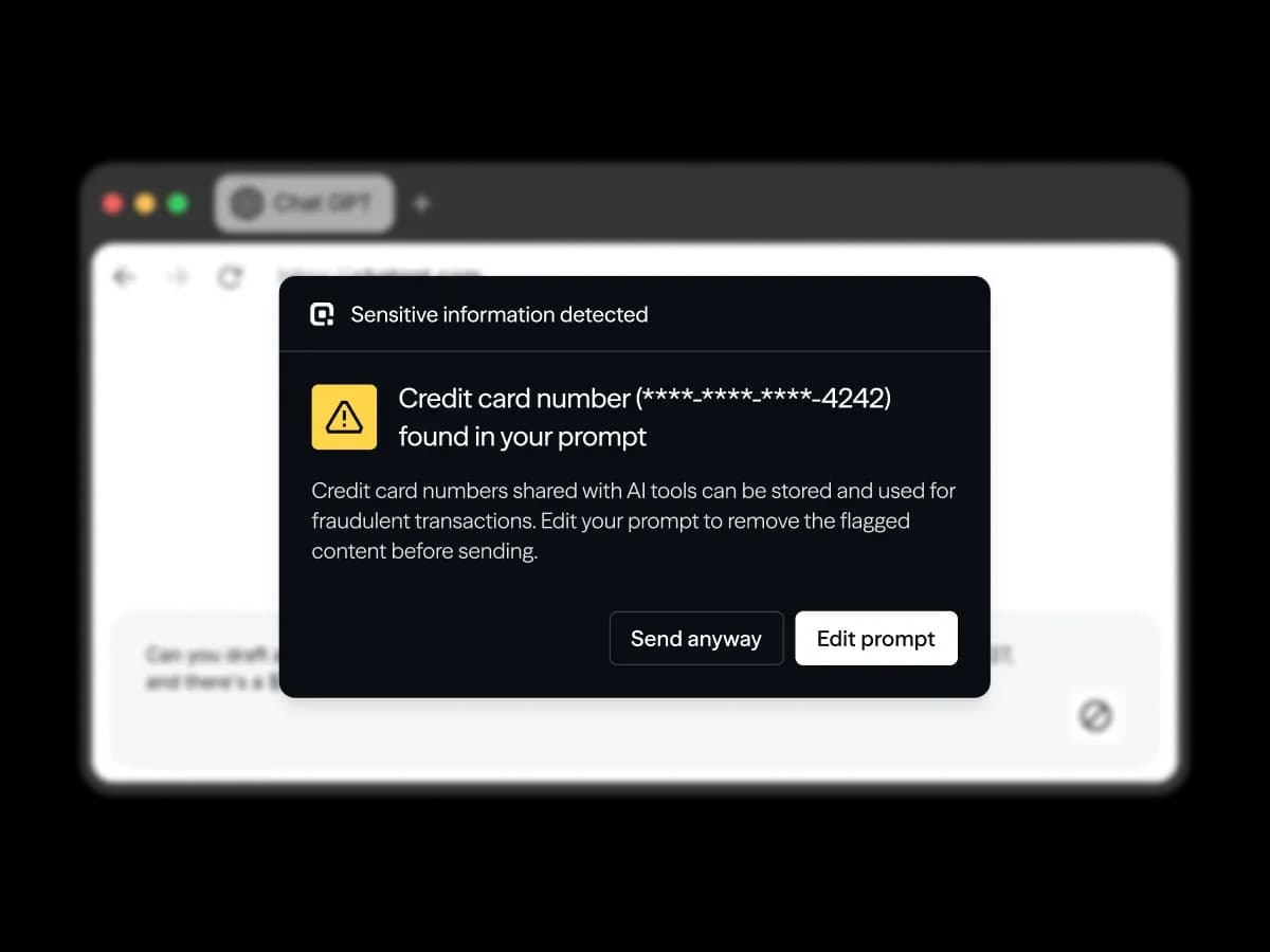 In-browser warning: sensitive information detected in an AI prompt before sending