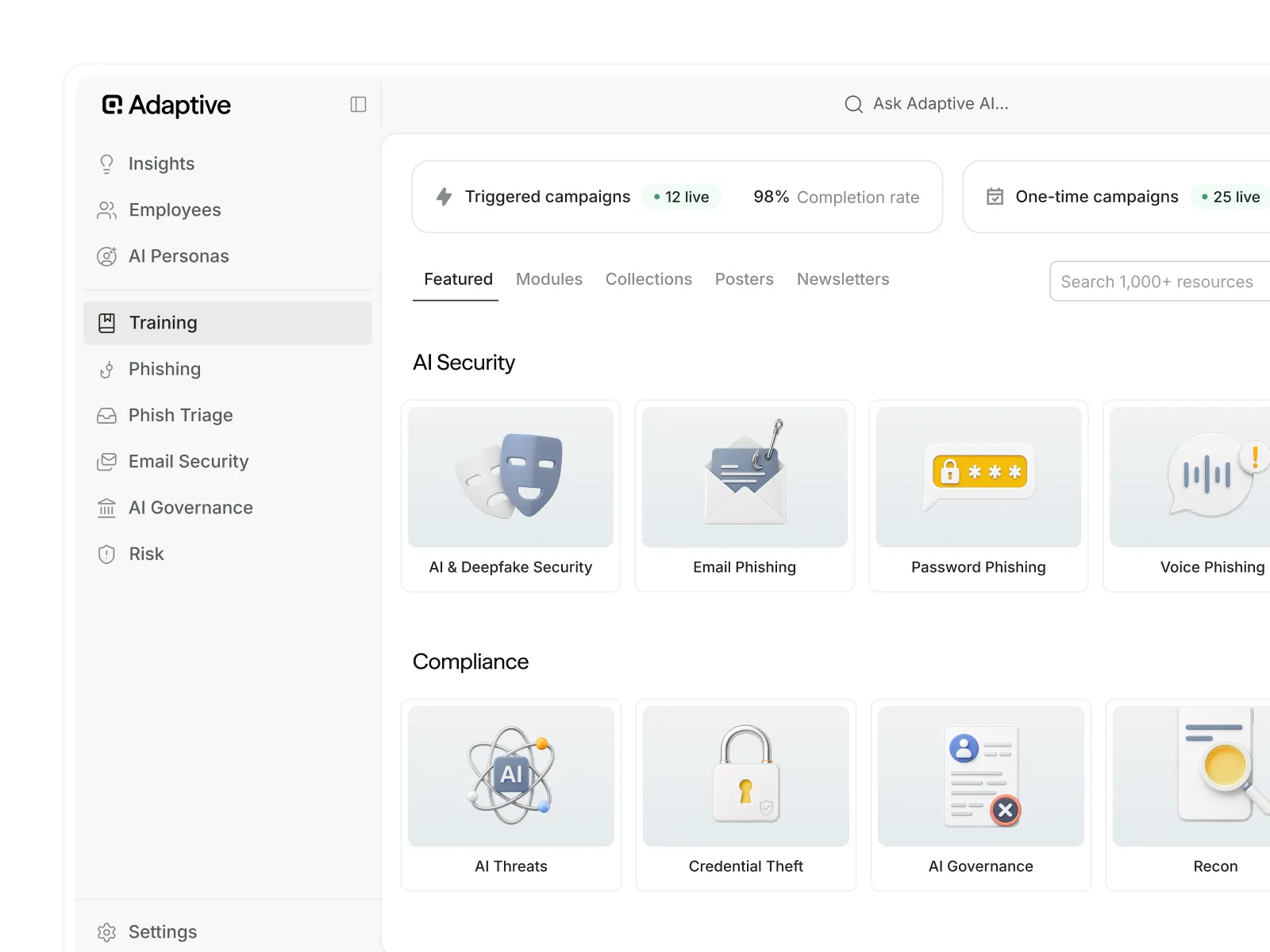 Adaptive training dashboard with AI Security and Compliance module libraries