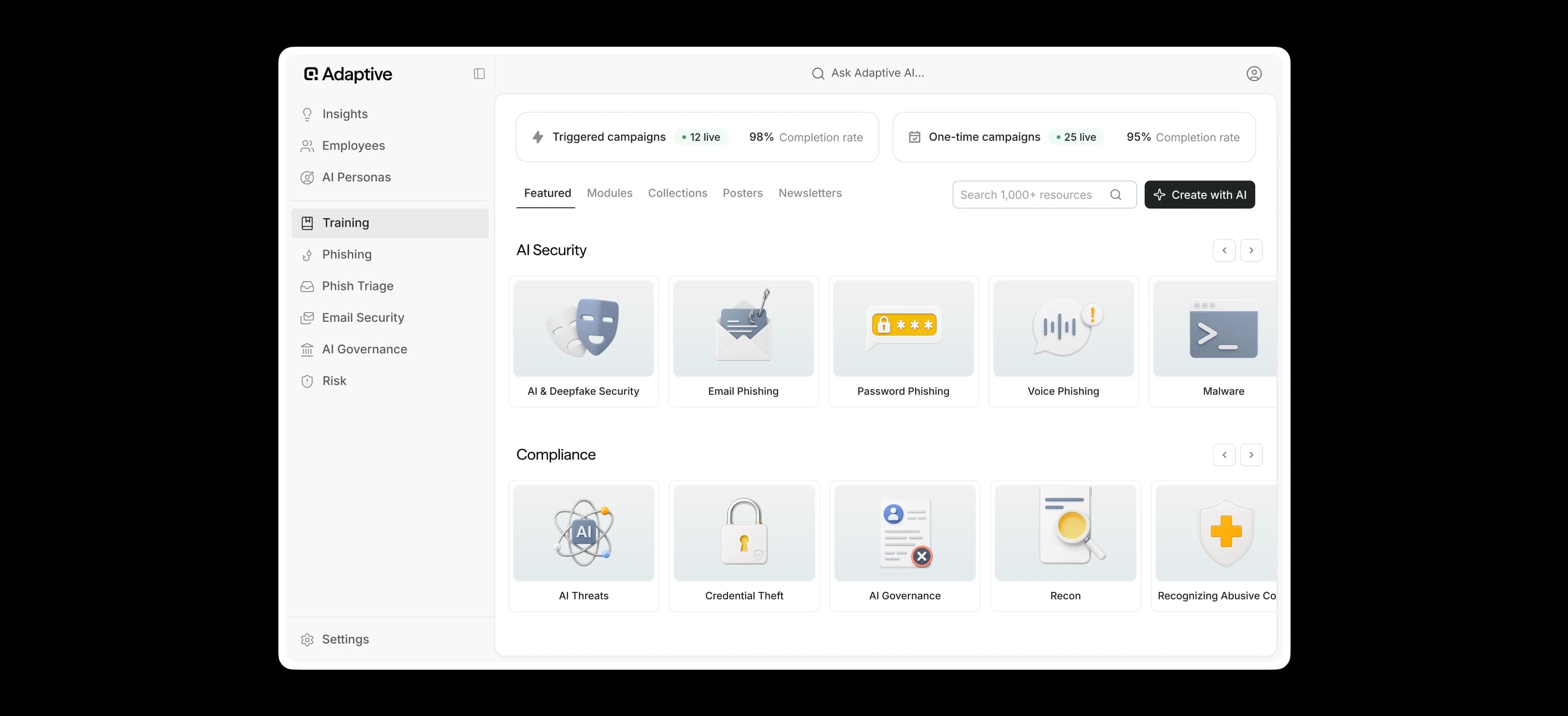 Adaptive training dashboard with AI Security and Compliance module libraries