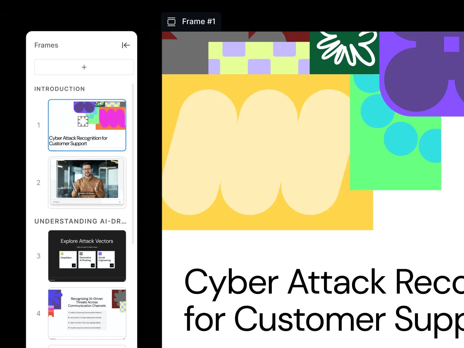 Module editor with slide thumbnails and a graded quiz for Cyber Attack Recognition for Customer Support