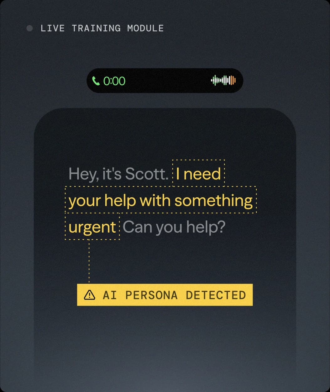 Live training module replaying an AI voice-scam call flagged as an AI persona