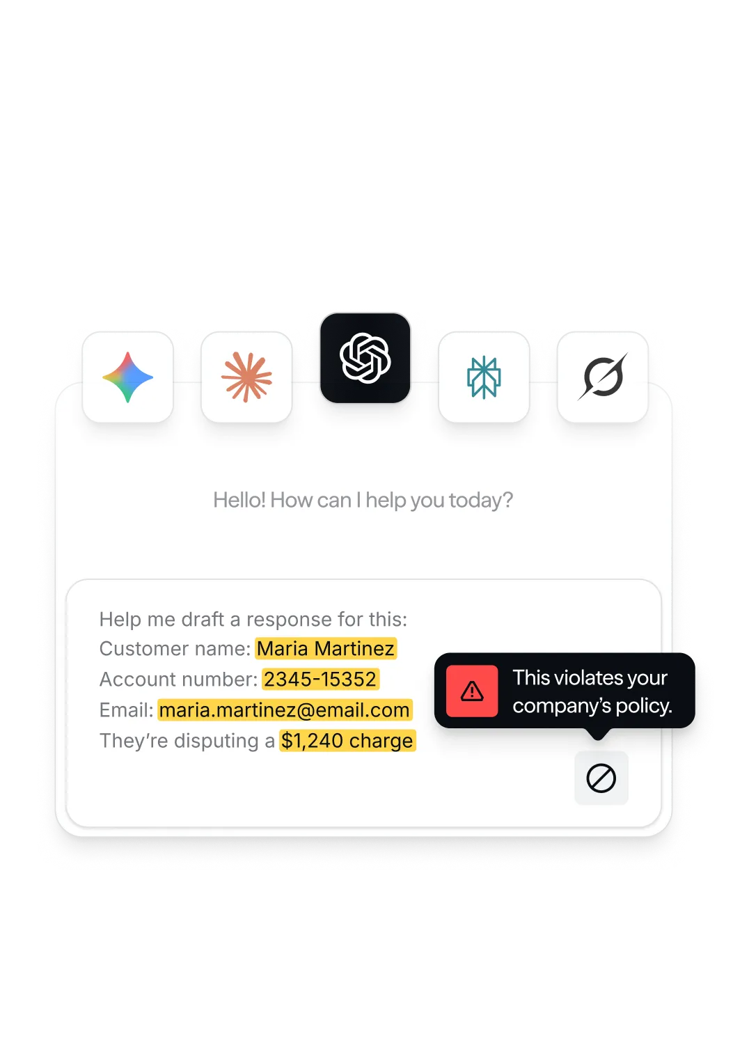 Chat panel blocking a message containing customer PII with a policy-violation warning