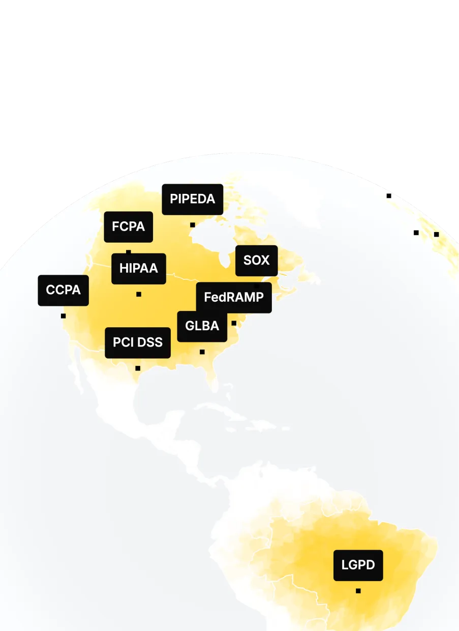Translucent globe tagged with regulatory frameworks including HIPAA, SOX, and GDPR