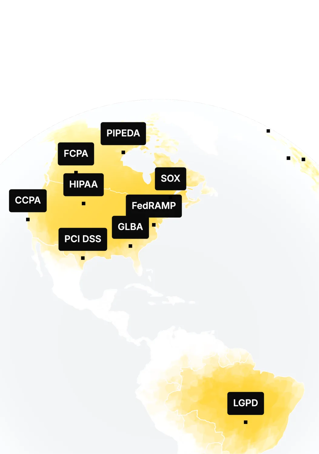 Translucent globe tagged with regulatory frameworks including HIPAA, SOX, and GDPR