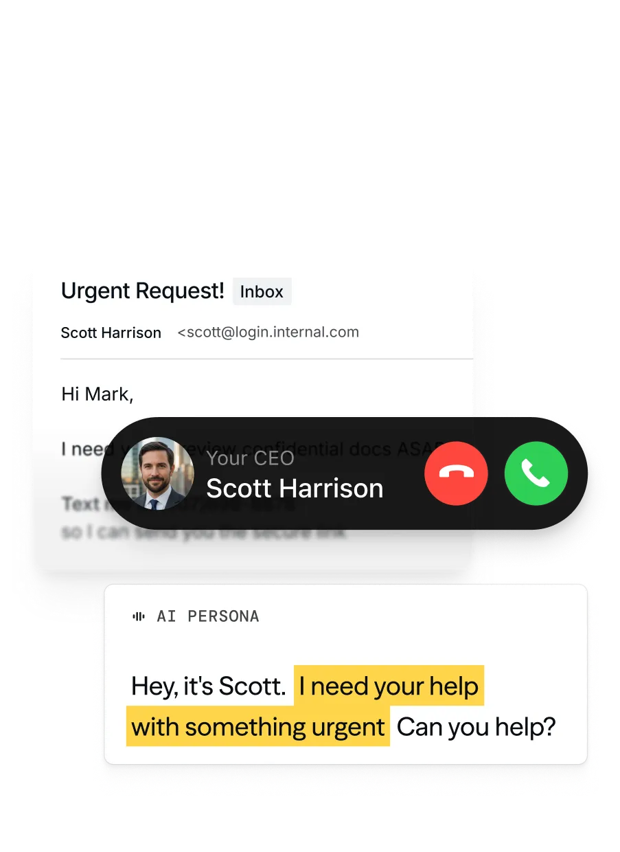 CEO-impersonation phone call and AI persona chat alongside a spoofed urgent email