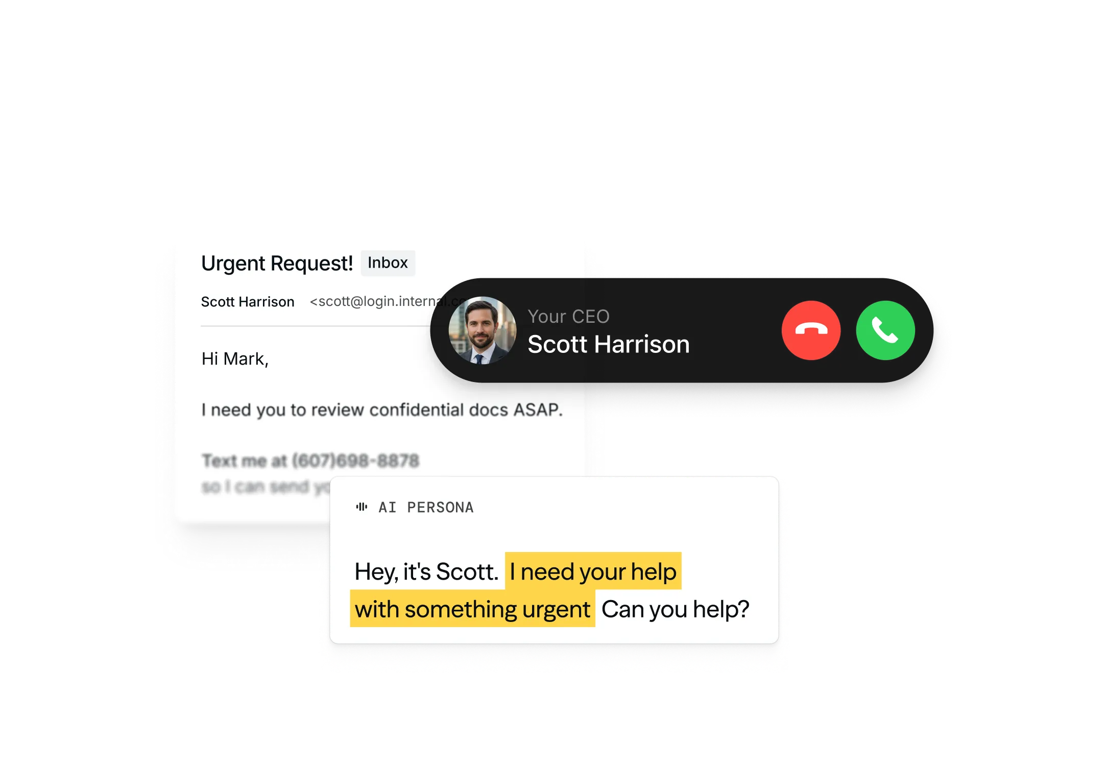 CEO-impersonation phone call and AI persona chat alongside a spoofed urgent email