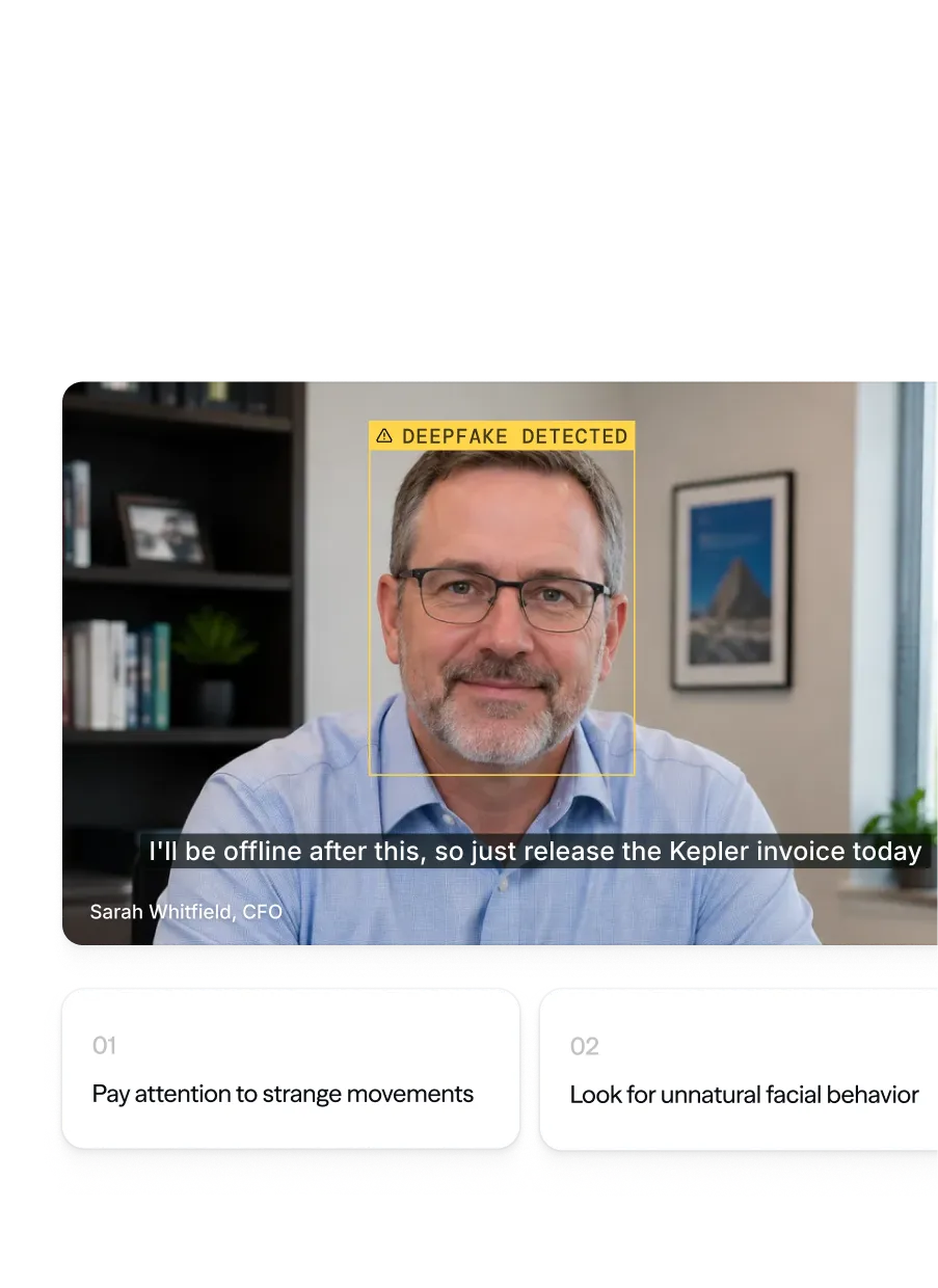 Video call flagged with a deepfake-detected warning during a live meeting