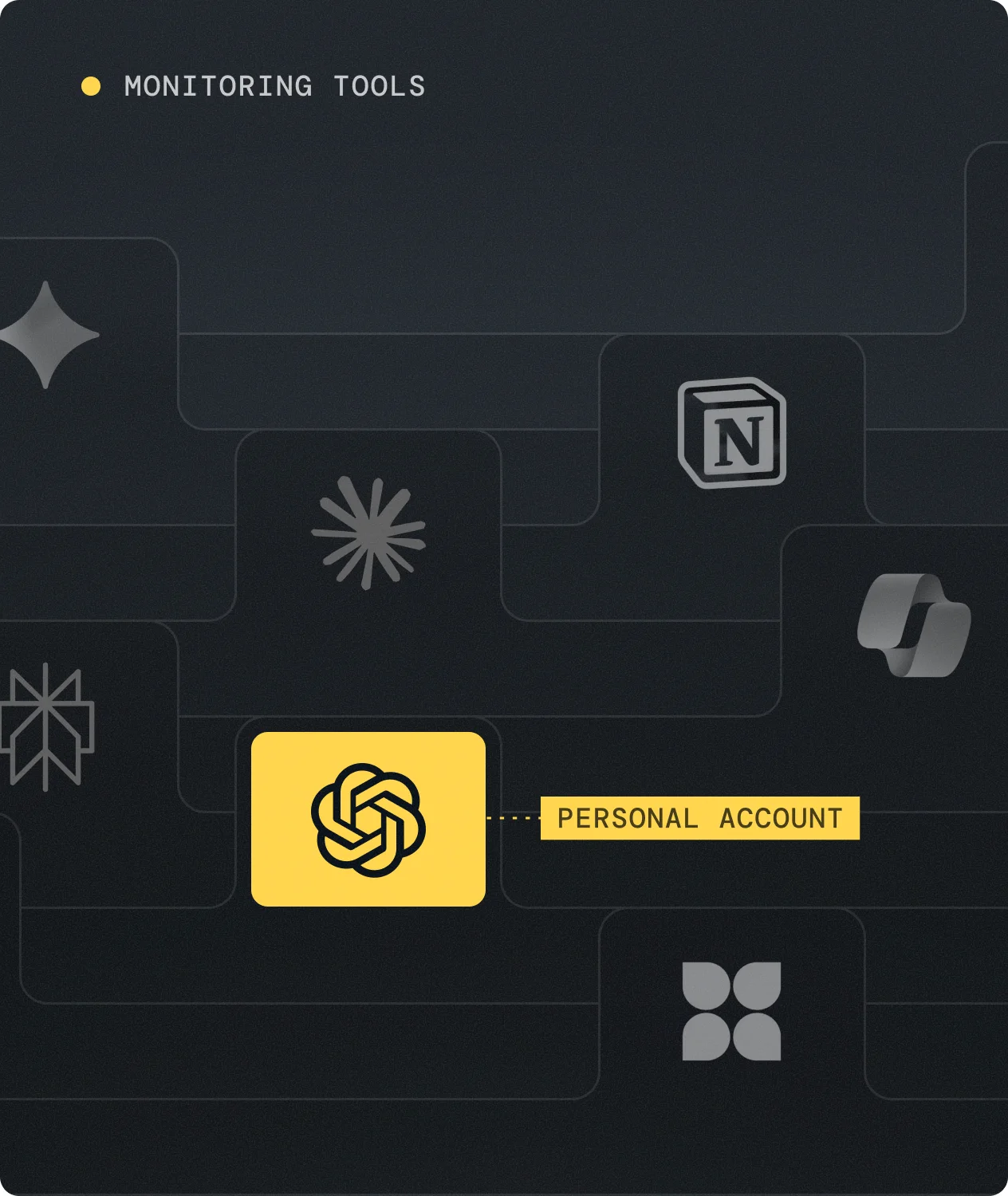 Monitoring tools dashboard with AI app icons and a personal-account flag