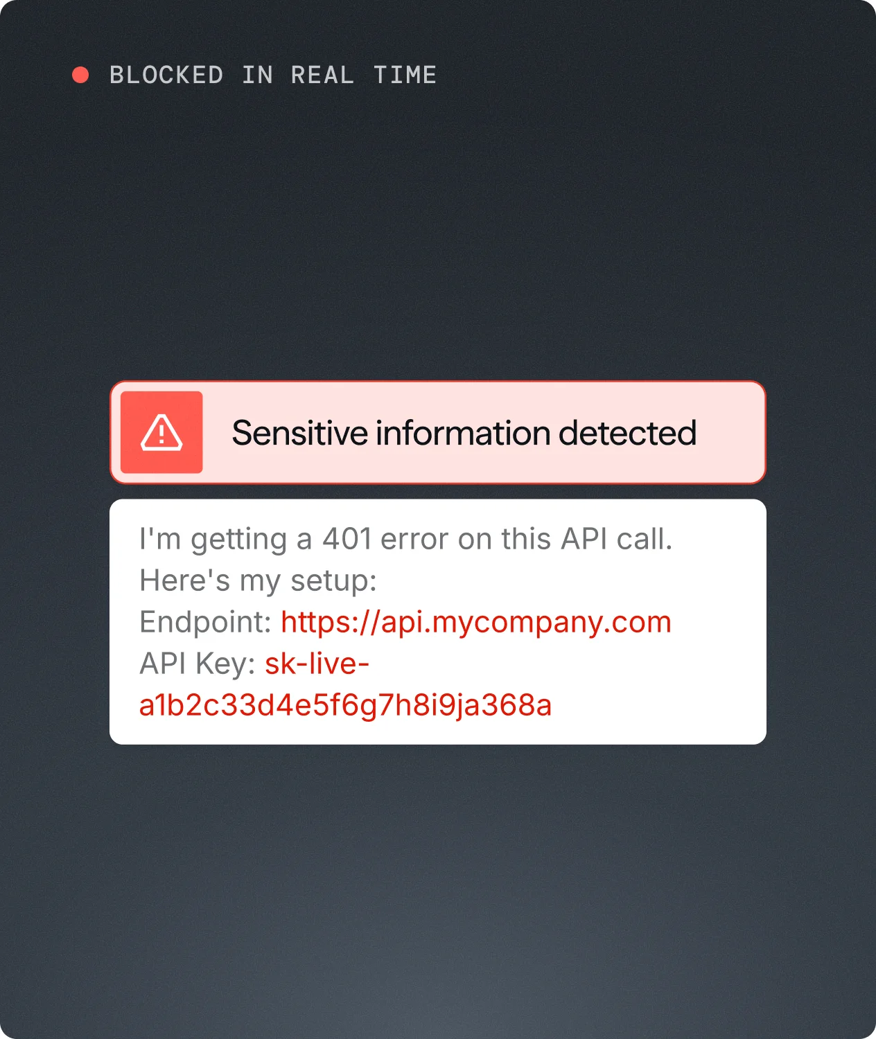 In-browser warning blocking an API key pasted into an AI prompt in real time